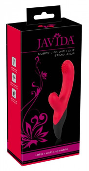 Вибратор Javida с щёточками на головке и клиторальном отростке - 19 см.